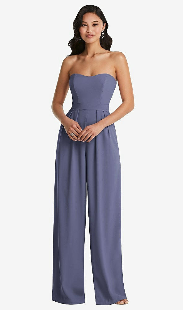Front View - French Blue Strapless Pleated Front Jumpsuit with Pockets