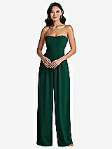 Front View Thumbnail - Hunter Green Strapless Pleated Front Jumpsuit with Pockets