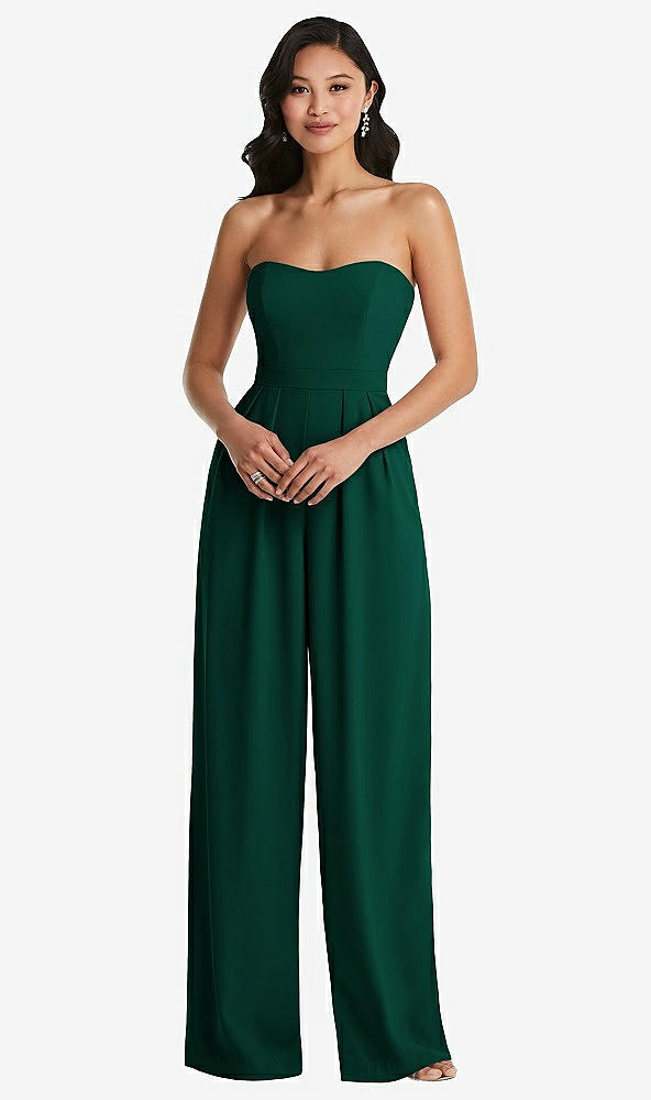Front View - Hunter Green Strapless Pleated Front Jumpsuit with Pockets