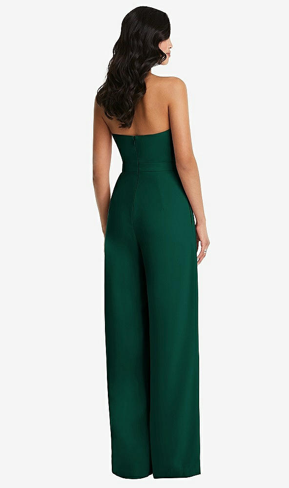 Back View - Hunter Green Strapless Pleated Front Jumpsuit with Pockets