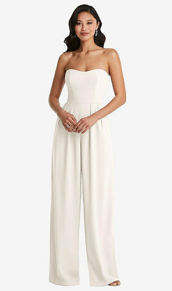 Front View - Ivory Strapless Pleated Front Jumpsuit with Pockets