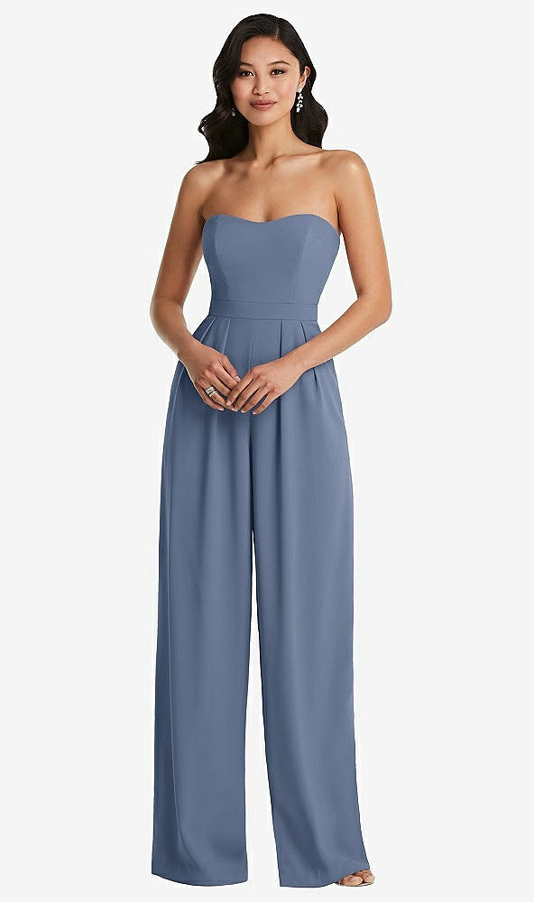 Front View - Larkspur Blue Strapless Pleated Front Jumpsuit with Pockets