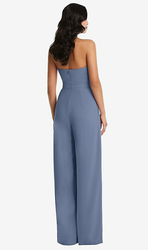 Back View - Larkspur Blue Strapless Pleated Front Jumpsuit with Pockets
