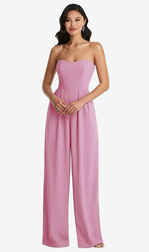 Front View - Powder Pink Strapless Pleated Front Jumpsuit with Pockets