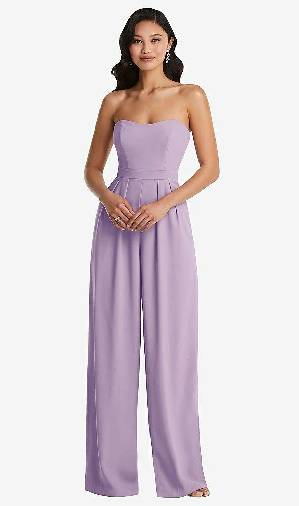 Front View - Pale Purple Strapless Pleated Front Jumpsuit with Pockets