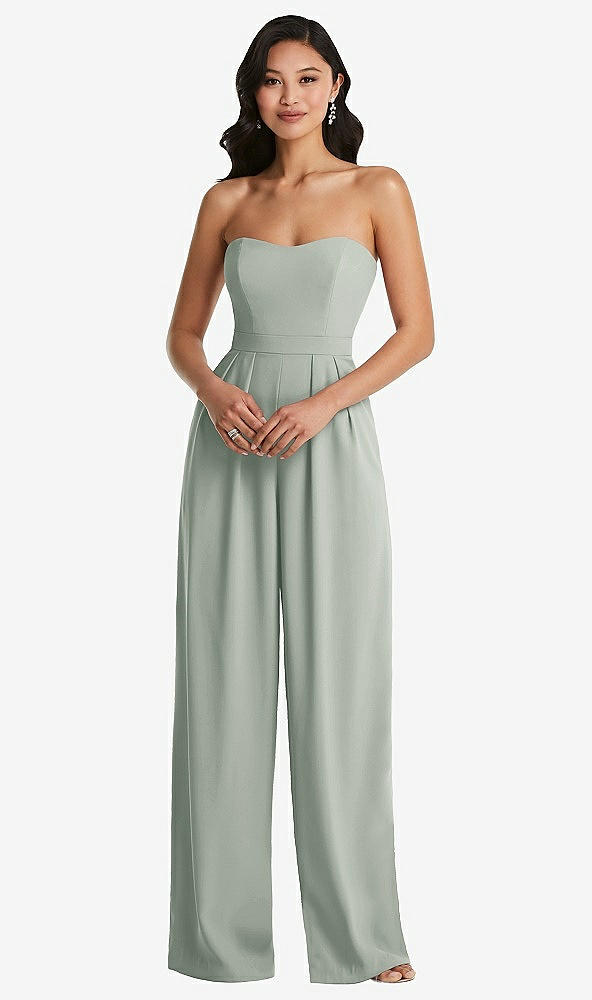 Front View - Willow Green Strapless Pleated Front Jumpsuit with Pockets