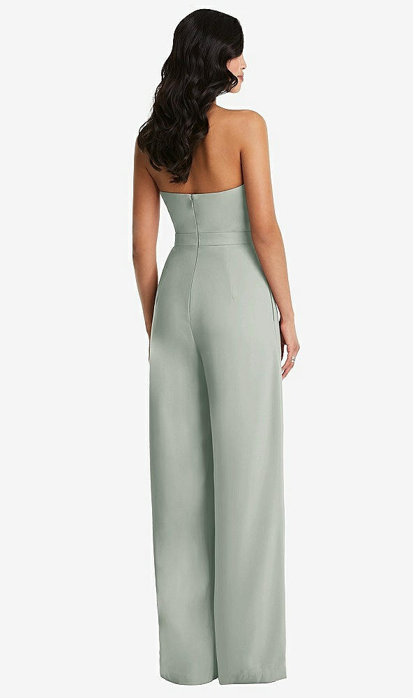 Back View - Willow Green Strapless Pleated Front Jumpsuit with Pockets