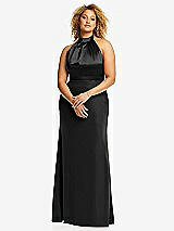 Front View Thumbnail - Black & Black High-Neck Open-Back Maxi Dress with Scarf Tie