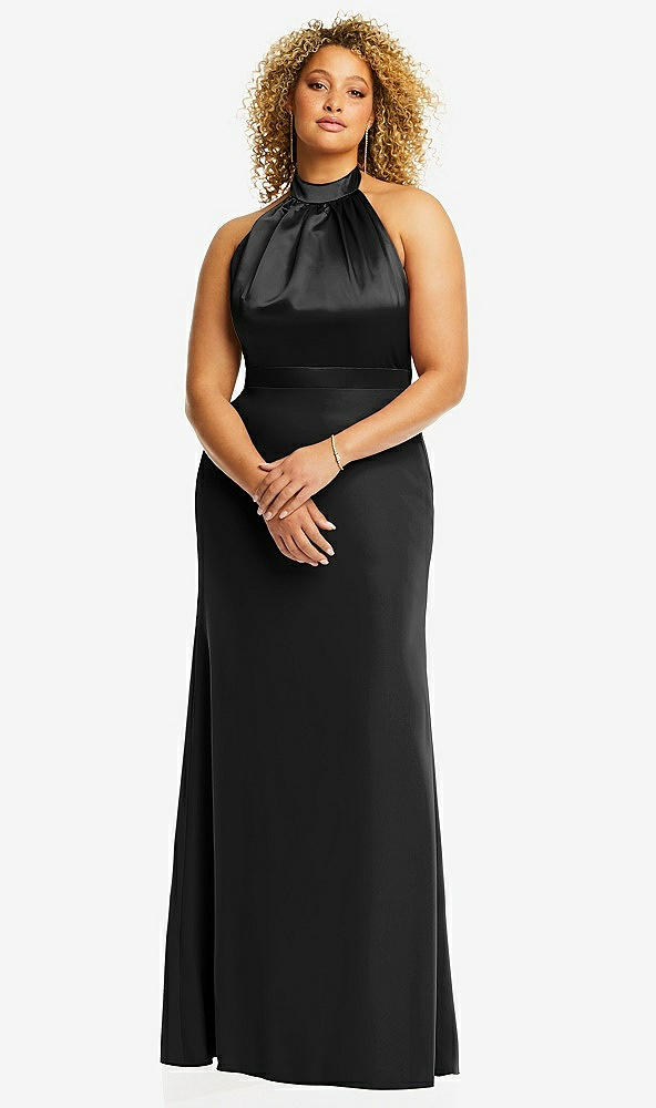 Front View - Black & Black High-Neck Open-Back Maxi Dress with Scarf Tie