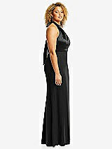 Side View Thumbnail - Black & Black High-Neck Open-Back Maxi Dress with Scarf Tie