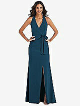Front View Thumbnail - Atlantic Blue Open-Back Halter Maxi Dress with Draped Bow