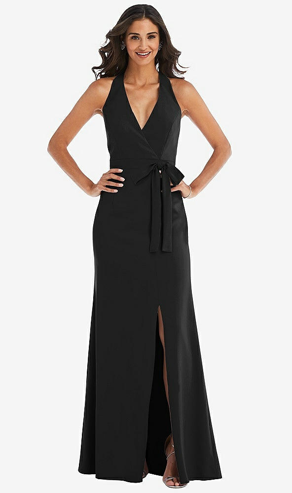 Front View - Black Open-Back Halter Maxi Dress with Draped Bow
