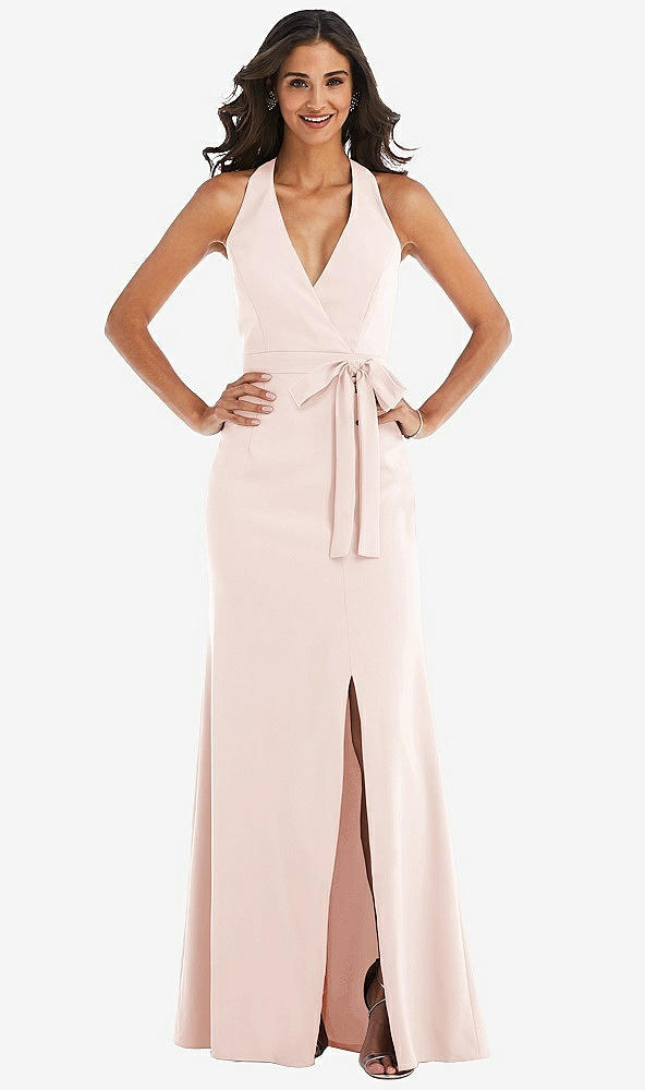 Front View - Blush Open-Back Halter Maxi Dress with Draped Bow