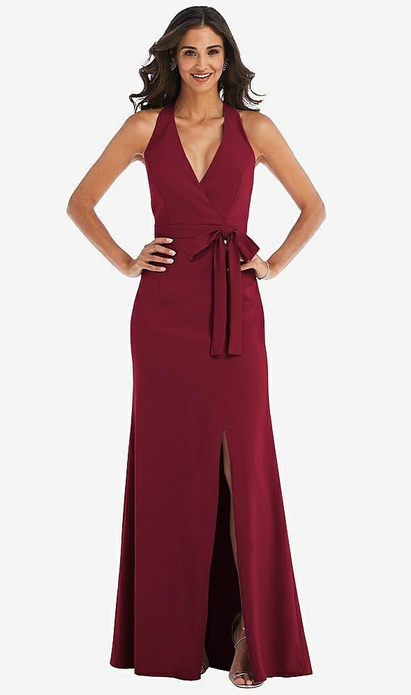 Front View - Burgundy Open-Back Halter Maxi Dress with Draped Bow
