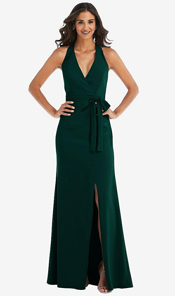 Front View - Evergreen Open-Back Halter Maxi Dress with Draped Bow