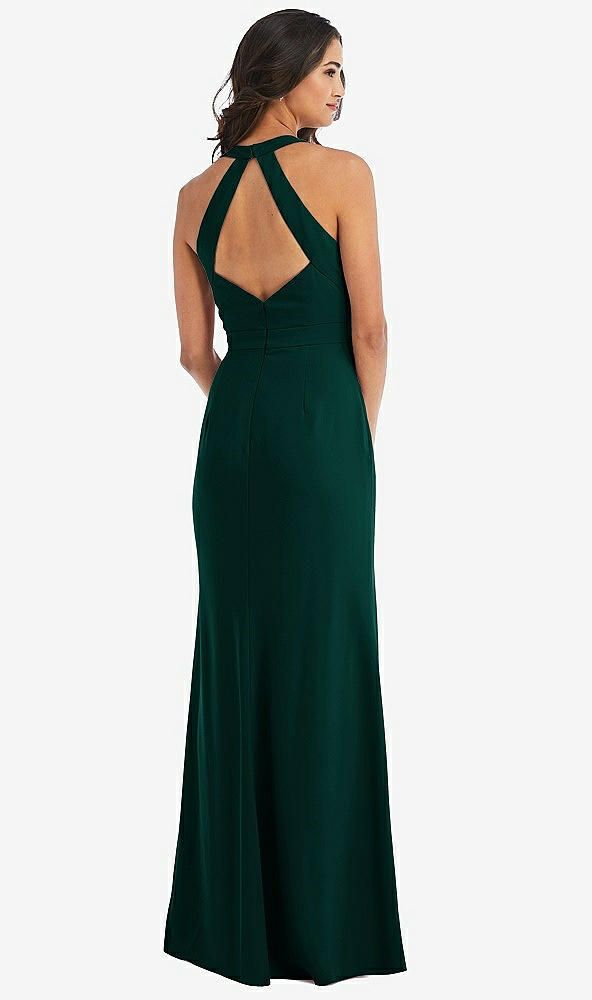 Back View - Evergreen Open-Back Halter Maxi Dress with Draped Bow