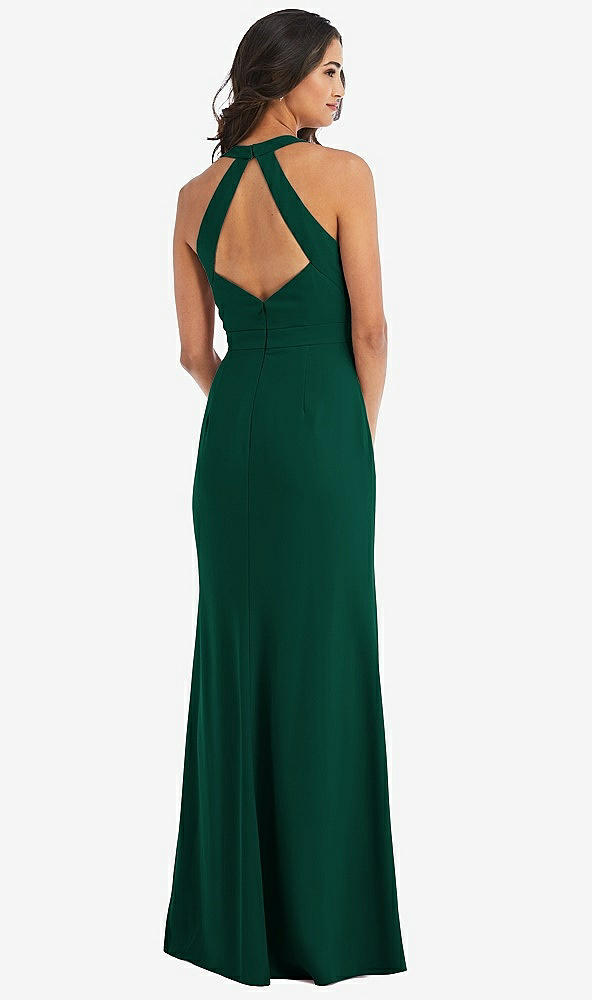 Back View - Hunter Green Open-Back Halter Maxi Dress with Draped Bow