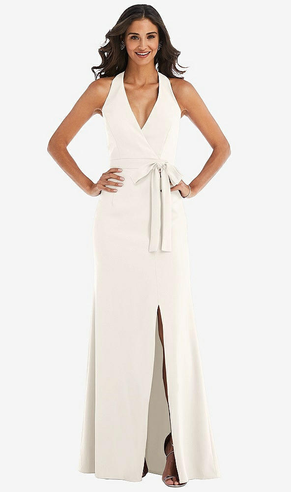Front View - Ivory Open-Back Halter Maxi Dress with Draped Bow