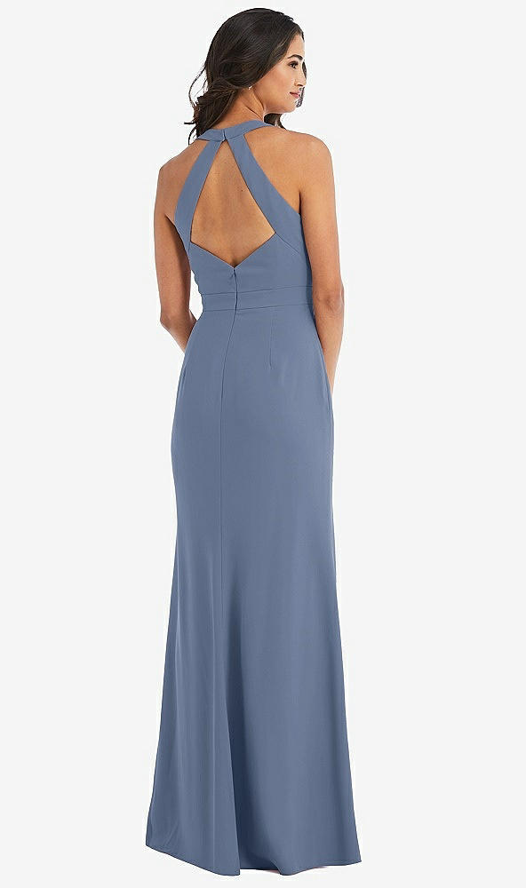 Back View - Larkspur Blue Open-Back Halter Maxi Dress with Draped Bow