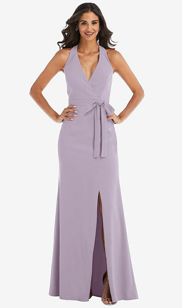 Front View - Lilac Haze Open-Back Halter Maxi Dress with Draped Bow