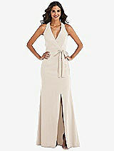 Front View Thumbnail - Oat Open-Back Halter Maxi Dress with Draped Bow