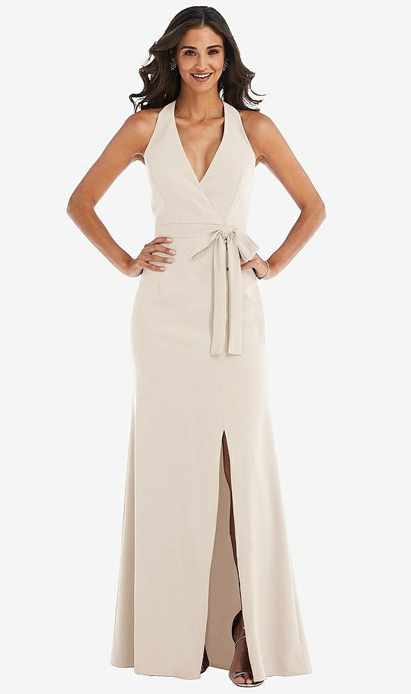 Front View - Oat Open-Back Halter Maxi Dress with Draped Bow