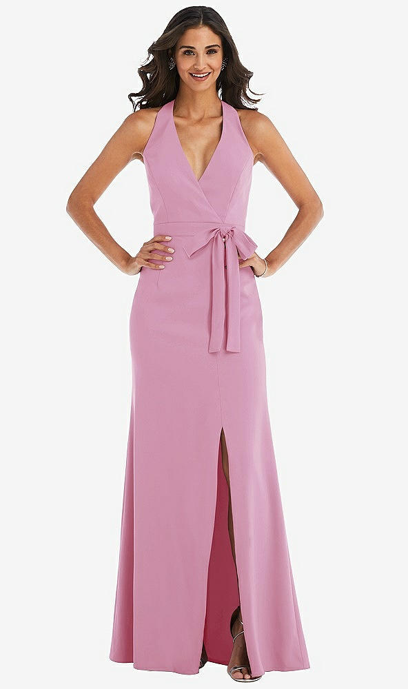 Front View - Powder Pink Open-Back Halter Maxi Dress with Draped Bow