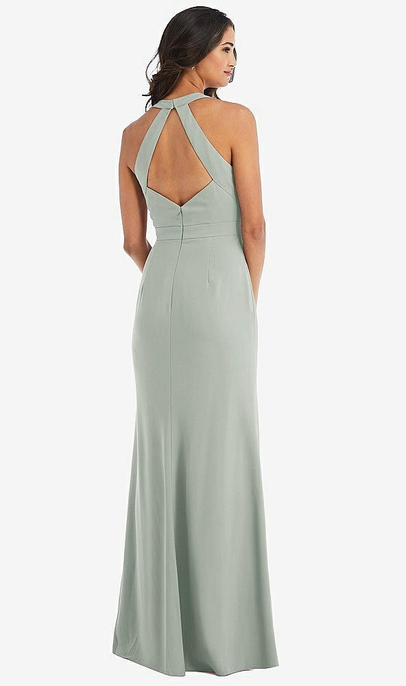 Back View - Willow Green Open-Back Halter Maxi Dress with Draped Bow