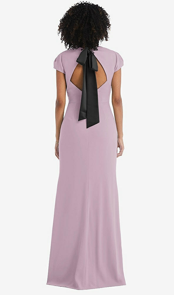 Front View - Suede Rose & Black Puff Cap Sleeve Cutout Tie-Back Trumpet Gown