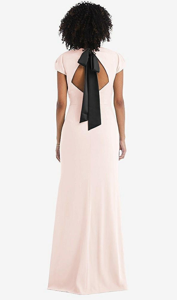 Front View - Blush & Black Puff Cap Sleeve Cutout Tie-Back Trumpet Gown