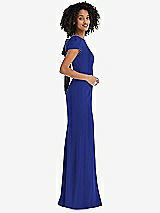 Side View Thumbnail - Cobalt Blue & Black Puff Cap Sleeve Cutout Tie-Back Trumpet Gown