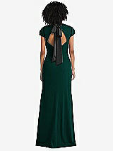 Front View Thumbnail - Evergreen & Black Puff Cap Sleeve Cutout Tie-Back Trumpet Gown