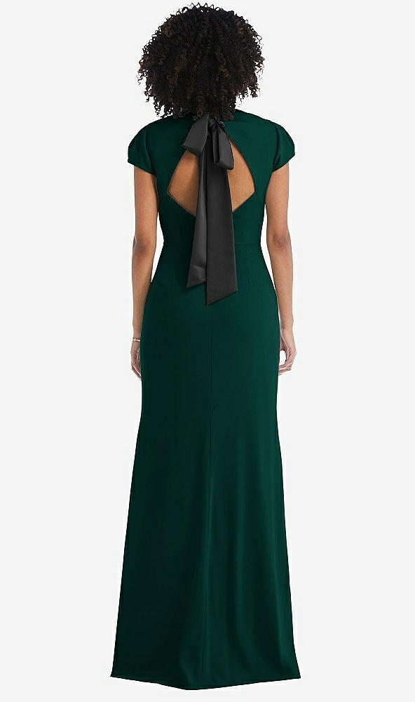 Front View - Evergreen & Black Puff Cap Sleeve Cutout Tie-Back Trumpet Gown