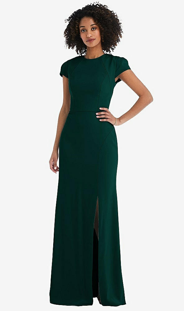 Back View - Evergreen & Black Puff Cap Sleeve Cutout Tie-Back Trumpet Gown