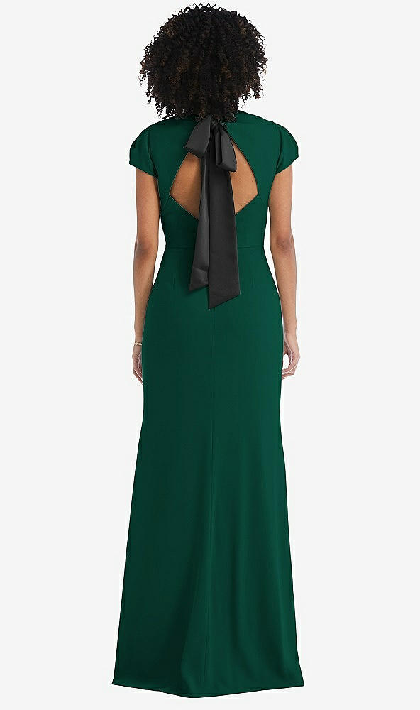 Front View - Hunter Green & Black Puff Cap Sleeve Cutout Tie-Back Trumpet Gown