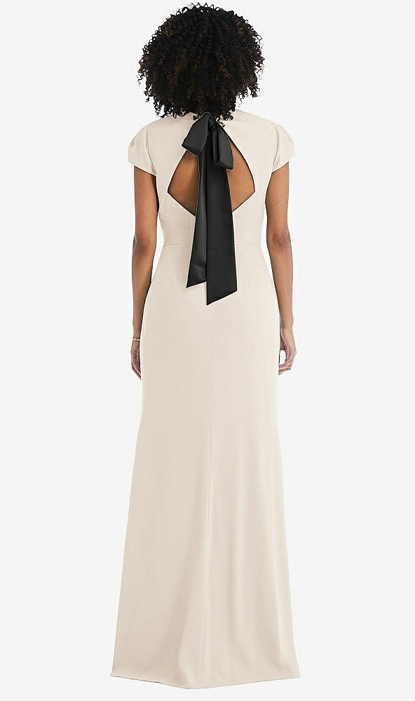 Front View - Oat & Black Puff Cap Sleeve Cutout Tie-Back Trumpet Gown