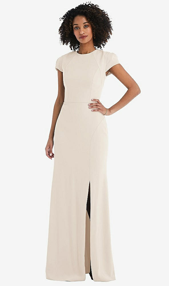 Back View - Oat & Black Puff Cap Sleeve Cutout Tie-Back Trumpet Gown