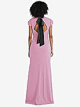 Front View Thumbnail - Powder Pink & Black Puff Cap Sleeve Cutout Tie-Back Trumpet Gown