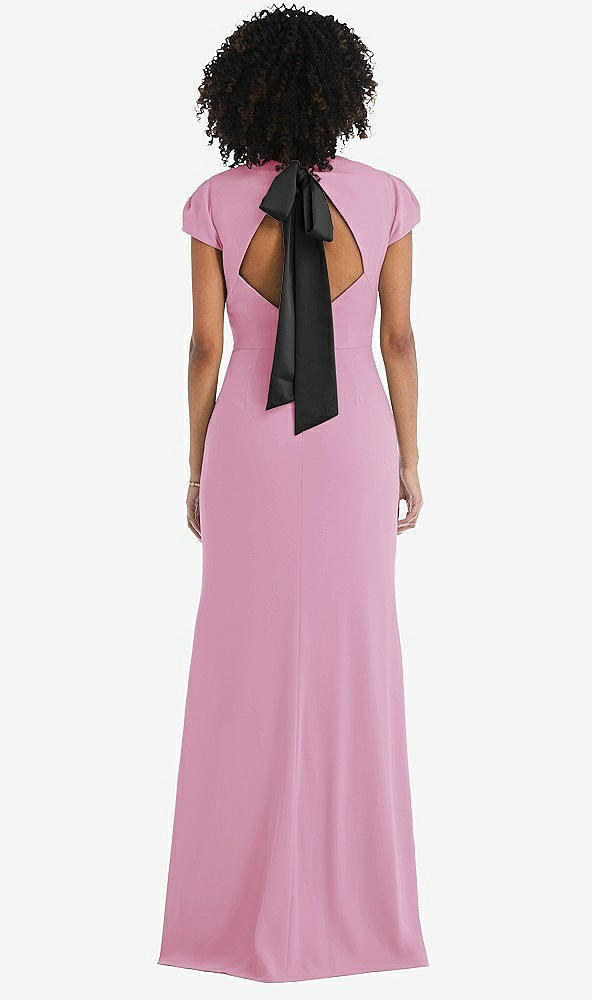 Front View - Powder Pink & Black Puff Cap Sleeve Cutout Tie-Back Trumpet Gown