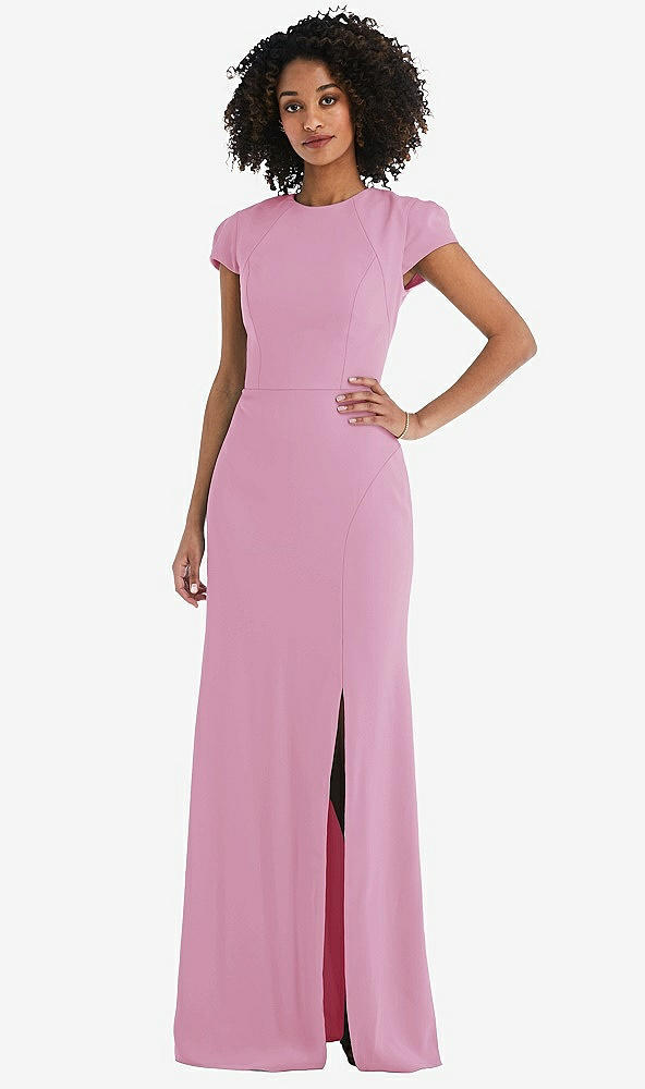 Back View - Powder Pink & Black Puff Cap Sleeve Cutout Tie-Back Trumpet Gown