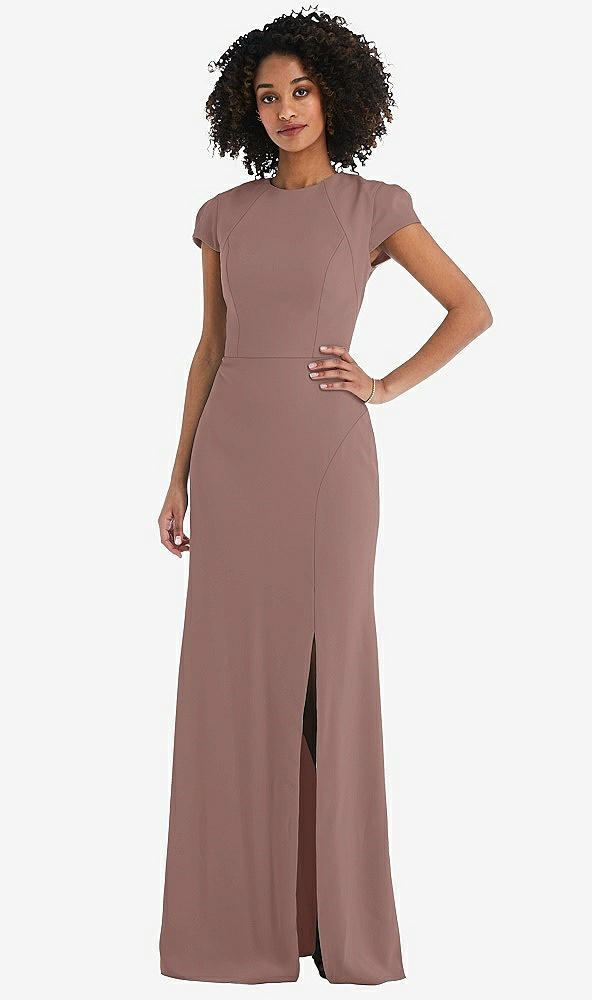 Back View - Sienna & Black Puff Cap Sleeve Cutout Tie-Back Trumpet Gown