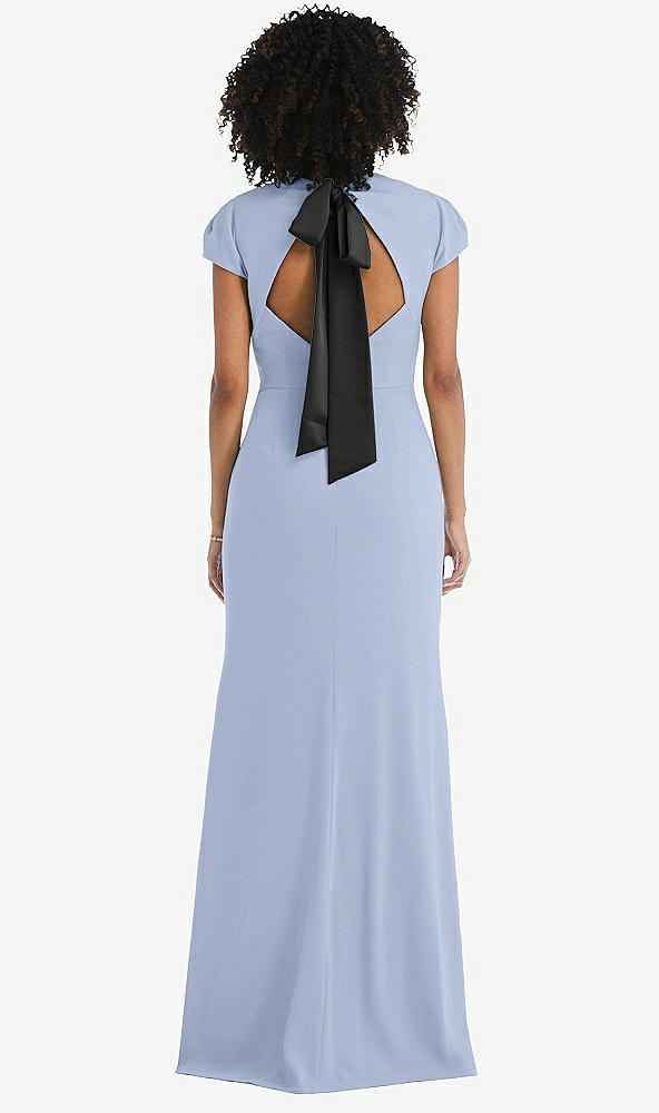 Front View - Sky Blue & Black Puff Cap Sleeve Cutout Tie-Back Trumpet Gown