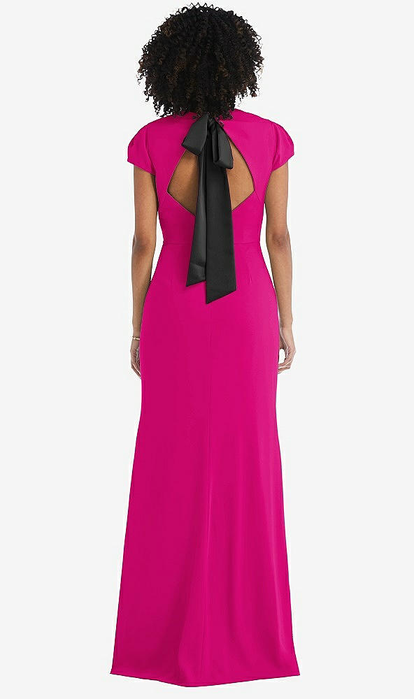 Front View - Think Pink & Black Puff Cap Sleeve Cutout Tie-Back Trumpet Gown