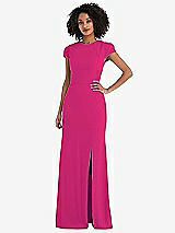 Rear View Thumbnail - Think Pink & Black Puff Cap Sleeve Cutout Tie-Back Trumpet Gown