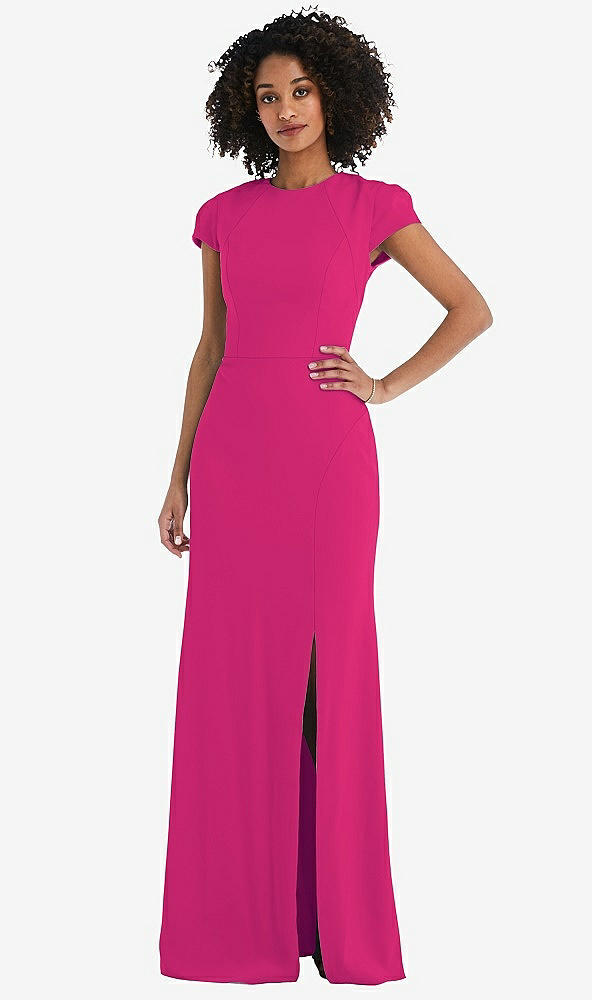 Back View - Think Pink & Black Puff Cap Sleeve Cutout Tie-Back Trumpet Gown