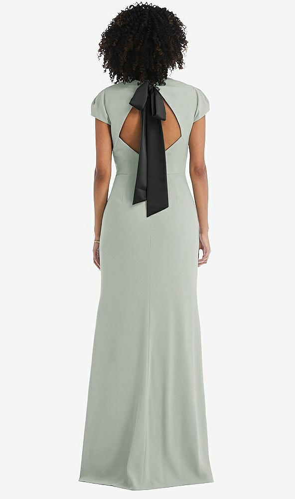 Front View - Willow Green & Black Puff Cap Sleeve Cutout Tie-Back Trumpet Gown
