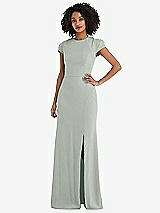 Rear View Thumbnail - Willow Green & Black Puff Cap Sleeve Cutout Tie-Back Trumpet Gown