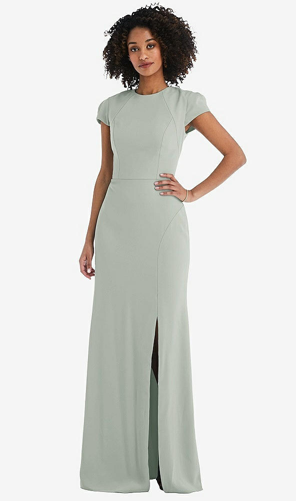 Back View - Willow Green & Black Puff Cap Sleeve Cutout Tie-Back Trumpet Gown