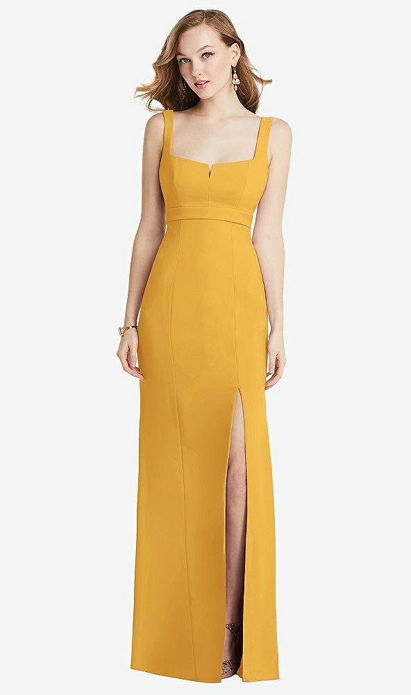 Front View - NYC Yellow Wide Strap Notch Empire Waist Dress with Front Slit