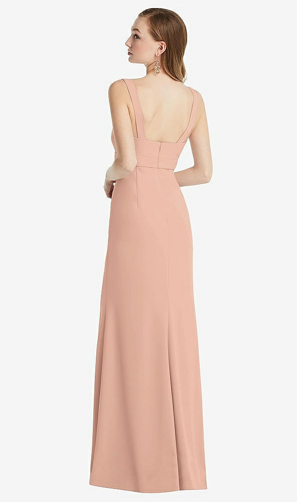 Back View - Pale Peach Wide Strap Notch Empire Waist Dress with Front Slit
